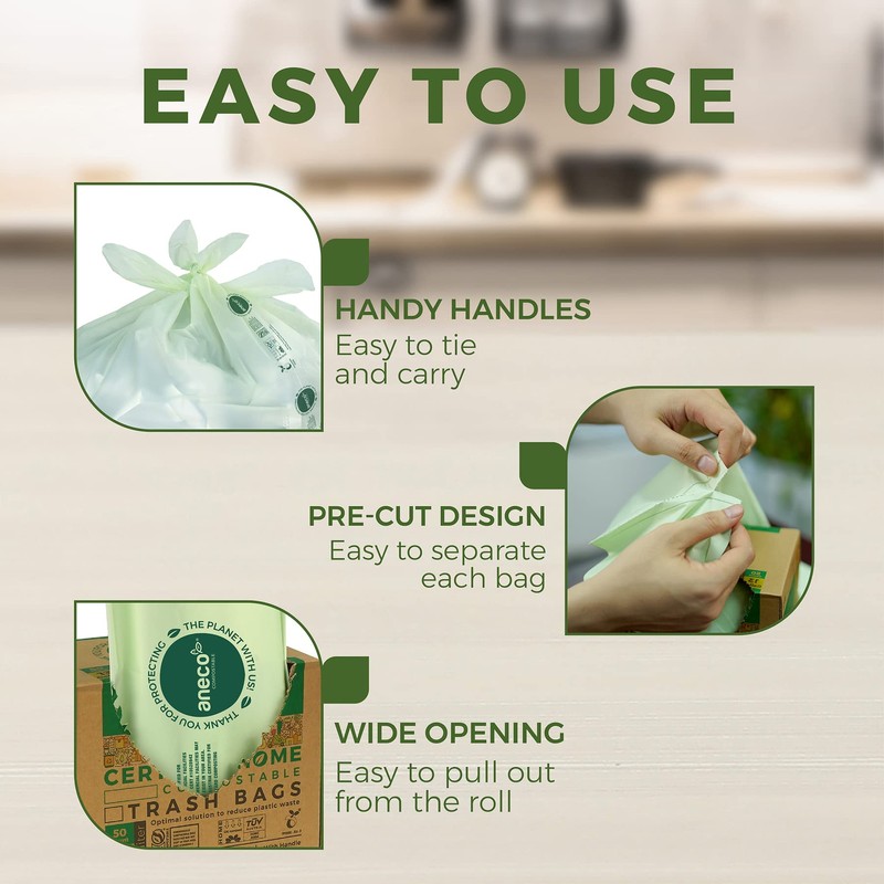 ANECO Compostable Food Waste Bags 13 Gallon, 50 Count, Extra