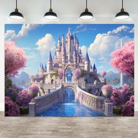 ASDCXZ 10x8ft Princess Castle Backdrop Pink Floral Blue Sky Photography Background White Cloud Forest Mountain Girls Birthday Baby Shower Banner Decorations Wedding Party Portrait Photo Booth Prop