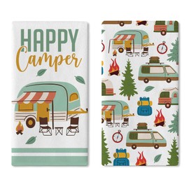 Croar Happy Camper Kitchen Dish Towels Set of 2, Camping RV Adventure Travel Drying Hand Towel Baking Cooking Cloth, Campsite Campfire Tree Bathroom Home Decoration 18'' x 26''