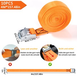 POWZOO POWZOO Pack of 10 Tie Down Straps, 25 mm x 4 m, Adjustable Lashing Straps, with Clamping Lock, Mounting Strap, Load Capacity 250 kg, for Motorcycle, Bicycles, Trolleys, Luggage, Camping (Orange