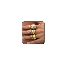 Chunky Gold Rings for Women Non Tarnish Stackable Rings for Women Pearl Statement Rings Set Fashion Chunky Gold Jewelry Gifts (Modern-3)