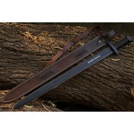 Handmade Stainless Steel Viking Sword (Black Edition) with Leather Cover | Functional Sword | Battle Ready Sword | Cosplay Kingdom