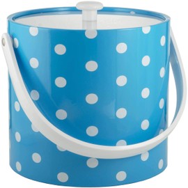 Hand Made In USA Turquoise With White Polka Dots Double Walled 3-Quart Insulated Ice Bucket With Ice Tongs