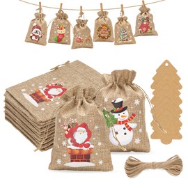joycraft 24pcs Christmas Drawstrings Gift Bags, 4x6 Burlap Gift Bag, Xmas Candy Party Favor Bags, 8 Designs of Merry Christmas Gift Bags with Tags, Holiday Gift Wrapping Bag for Christmas Party Supply
