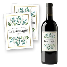 Flaschenetiketten Trauzeugin – 2 Aufkleber Hochzeit für Wein, Sekt Geschenk – selbstklebend, wasserfest – Sticker für Flaschen: Willst Du meine Trauzeugin sein? – Geschenk für TRAUZEUGIN - BLÄTTER