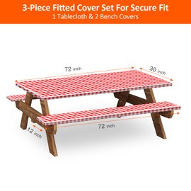 KENOBEE 6ft Picnic Table and Bench Cover, Camping Essentials RV Gear, 72in Waterproof Windproof Outdoor Elastic All Around Tablecloth, Fitted Rectangle Tables and Seats, Red-White Checkered