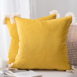 Phantoscope Pack of 2 Corduroy Soft Pillow Covers Decorative Striped Velvet Throw Pillows with Cotton Tassels Ultra Solid Cushion Covers Pillowcases, Mustard Yellow 18 x 18 Inches