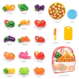 Set de Juguete para Cortar, Pizza Frutas y Verduras de Juguete para Cortar, Comida de Juguetes de Cocina con Mini Platos, Juguetes Didácticos Cognitiv