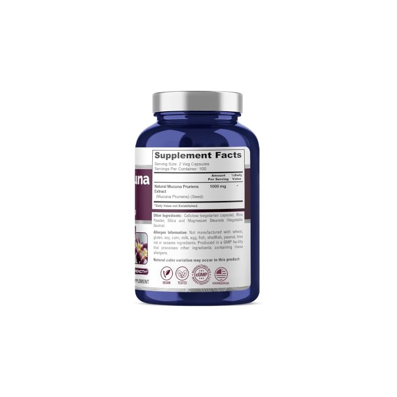 Mucuna Pruriens 1000 mg 200 cápsulas vegetales (sin OMG, 100%