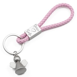 Keychain 'Drive Safe' with Angel Charm & Gift Bag | Keyring Accessory Driver Gift for Women Men Friend Coworker Mom Daughter (Silver, Pink)
