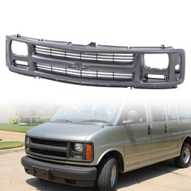LOSTAR Front Upper Bumper Cover Grille & Skid Plate Primed Fit for 1996-2002 Chevy Express 1500 2500 3500, Replaces GM1200384 - Seal Beam Headlight Van Models