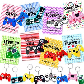 24 Pack Valentines Day Cards Gifts for Classroom - Fun Video Games Keychains with Class Exchange Gifts Included Valentines Cards and Classroom Party Favors Perfect Goodies Bag Stuffers