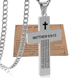 Matthew 6 9-13 Silver Bible Verse Cross Necklace For Men Lord's Prayer Christian Religious Scripture Baptism First Communion Cross Chain For Boys Dad Fathers Day Graduation Jewelry Gifts For Him 2024