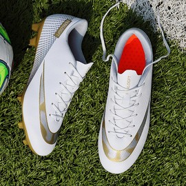 Fenlogft Unisex Sizes Leather Soccer Cleats with Lace-Up for Training Firm Ground & Turf - Men, Women, Boys & Girls American Football Shoes Boot (White Gold, Numeric_7)