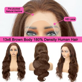 13x6 Chocolate Brown Body Wave Lace Front Wig Human Hair 28 Inch Body Wave Brown Lace Frontal Glueless Colored Wigs Human Pre Plucked with Baby Hair for Women