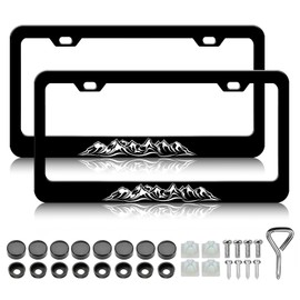 Mountain License Plate Frames - 2 Pack Mountains Funny License Plate Holder, Stainless Steel Rust-Proof Waterproof Car Decorative Tag Frame with Screws Fasteners Caps