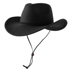 Jastore Kids Boys Girls Wide Brim Western Cowboy Cowgirl Hat with Wind Lanyard Vintage Jazz Felt Fedora Hat (US, Age, 6 Years, 12 Years, Black)