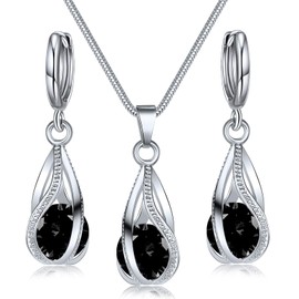 IFKM Silver Plated Jewelry Sets For Women Rhinestone Crystal CZ Choker Necklace Teardrop Dangle Earrings Set For Bridal Bridesmaid Accessories Wedding Prom Anniversary Birthday Gifts (Black)