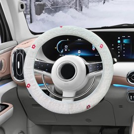 ZATOOTO Fuzzy Steering Wheel Cover Embroidery Floral Soft White Car Steering Wheel Cover for Women Girls, Cute Anti-Slip Steering Wheel Protector Fit for Most Cars