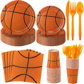 Domensi 280 Pcs Sports Party Paper Plates and Napkins Paper Cups Plastic Knives Forks Spoons Disposable Tableware Complete Supplies for Baby Shower Sports Themed Birthday Party, Serve 40(Basketball)