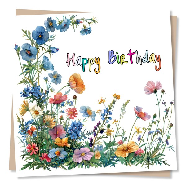 Happy Birthday Flower Card - Wildflower Design - Colourful and