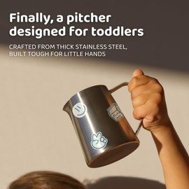 APLAINR Pour Pitcher, Child Mini Stainless Steel Pitcher with Stickers, Montessori Pitcher for Toddlers, Metal Pitcher for Kids, 3.8" High, 11 fl oz