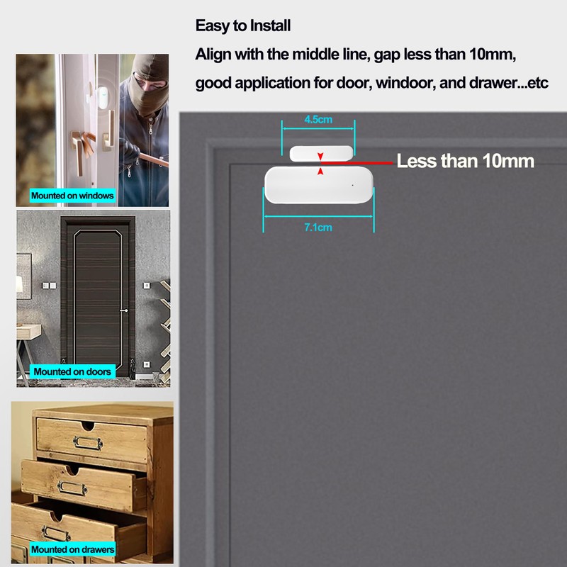 TUYA Smart Door/Window Sensor, Wireless Window Sensor, Real-time Alarm, Compatible