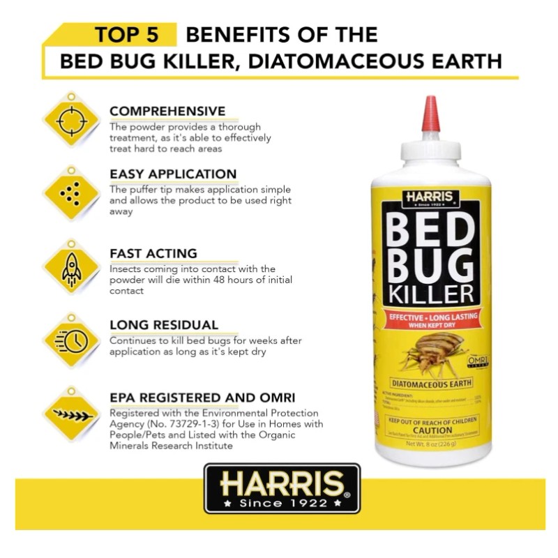 Harris HDE-8 Bed Bug Powder Diatomaceous Earth, 8oz, Yellow Pack
