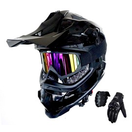 1Storm Adult Motocross Helmet ATV Dirt Bike BMX MX Downhill Mountain Helmet Track Style JH601; Glossy Black + Goggles + Skeleton Black Glove Bundle