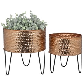 MyGift Modern Hammered Copper Tone Planter Pot, 8 and 10 Inch Metal Round Plant Container with Matte Black Wire Stand, Set of 2 - Handcrafted in India