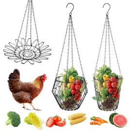 2 Pcs Hanging Chicken Feeder, Foldable Chicken Vegetable Fruits Feeder, Poultry Feeding Holder Basket with Hanging Chain, Veggie Treat Ball for Chicken Coop Accessories