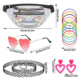 Women's 90s Outfit, 17 Pieces, 90s Accessories with Bum Bag, Women's Silver Heart Glasses, Pink Tattoo Chain, 90s Wrist Strap Earrings for Malle Accessories, Festival, Party Outfit Lady, colour