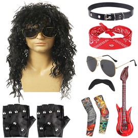 80s Disco Rocker Costume for Men Wig Sunglasses Choker Punk Gloves Tattoo Sleeves Hat Headband and Guitar for Punk Cosplay