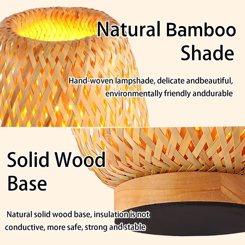 Schindora Handmade Boho Bamboo Small Table Lamp Willow Woven Desk