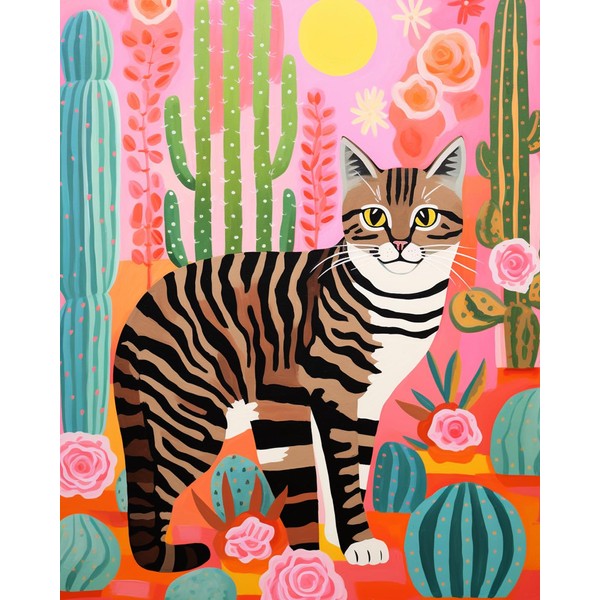 Paint by Number Cat Near Cactus DIY Painting On Canvas
