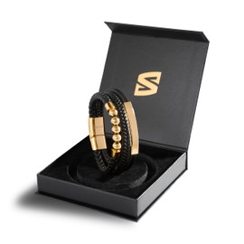 SERASAR Men's Bracelets 20cm Gold Gift Box Genuine Cowhide Leather Braided Adjustable Magnetic Clasp Multilayer Jewelry Box Rope Male Male Male Boy Boys Men's Bracelets Band Jewelry Accessories