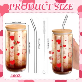Yetene 2 Pack Hearts Iced Coffee Cups 16 oz Valentine's Day Glass Cups with Bamboo Lids and Straws Valentines Day Drinking Heart Cup for Mother Wife Women Wedding Birthday(Red)