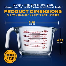 NutriChef High Borosilicate Glass Measuring Cup with Customized Decal Scale,1000 ml., Safe to Use in Microwave and Freezer, Oven and Dishwasher Safe