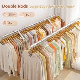 Raybee 74" W Heavy Duty Clothes Rack, Double Rods Clothing Rack Load 630 LBS, Rolling Clothes Racks for Hanging Clothes 400+, Garment Rack with shelves for Bedroom, Laundry Room, Retail Store