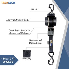 TRUKSECU Retractable Ratchet Straps, 1 Inch x 10 Feet, 2000 lbs Capacity, Heavy Duty Tie Down Set with Storage Bag, 4-Pack, Black