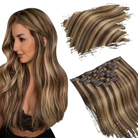 Ugeat 12 inch Clip in Hair Extensions Human Hair Brown Highlights Caramel Blonde Invisible Hair Extensions Real Human Hair Clip in Short Hair Extensions Double Weft 5pcs 85g(70g Hair+15g Clips)