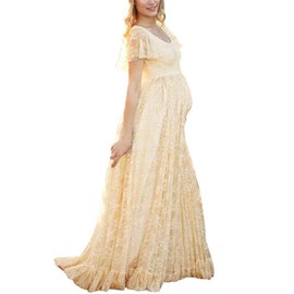 IWEMEK Women Ruched Floral Lace Maternity Photography Prop Maxi Dress Fancy Wedding Pregnancy Gown for Baby Shower Photoshoot Yellow