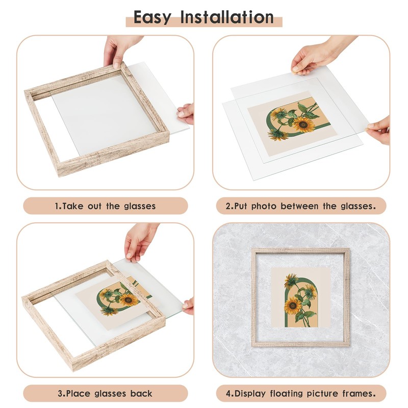 MUYE 12x12 Floating Frame Distressed Beige White Wood Pattern,Double Glass