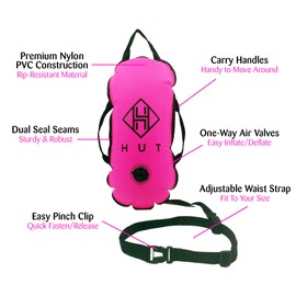 HUT Swim Buoy Open Water Swim Float - Premium Swim Tow Float for Open Water Swimmers, Wild Swimming, Triathletes. Suitable for Adults and Children. Be seen be Safe (Pink)