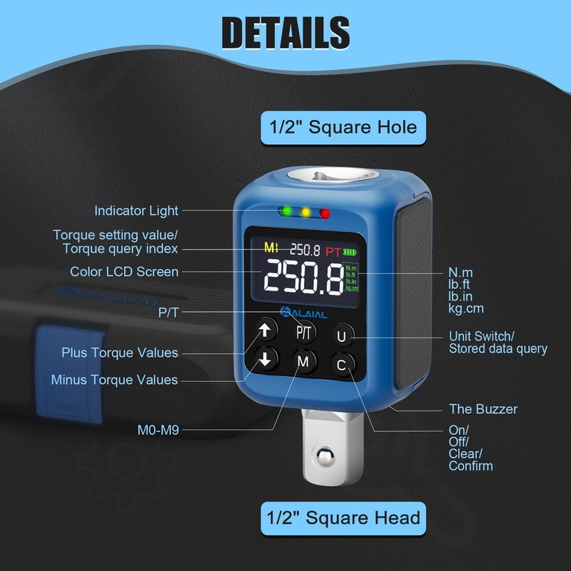 ALAIAL Digital Torque Adapter 1/2", 3.7-250.8 Ft-lb/5-340 Nm, Digital Torque
