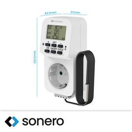 sonero digitales Thermostat Steckdose, Temperaturregler, Heizung, Kühlung, zeitgesteuert mit externem Fühler, für Terrarium, Gewächshaus, Räucherofen, als Frostwächter, 3600 Watt, weiß