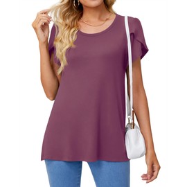 DILIUXING Womens Plus Size Short Sleeve Tops Scoop Neck Shirts Summer Casual Solid Color Tunic Tshirt, Purple Red, 3X-Large