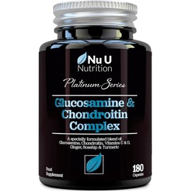 Glucosamine and Chondroitin High Strength Complex - 180 Capsules - with Turmeric, Ginger, Rosehip, Vitamin C & D - Joint Care Supplements for Women & Men - Made in The UK - Nu U Nutrition