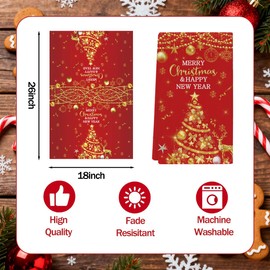 Merry Christmas Hand Towels Set of 2, Xmas Tree Kitchen Dish Towels Red Gold Decorative Christmas Happy New Year Holiday Hand Drying Cloths for Bathroom Home Hotel Gym Spa Yoga 18"x26"