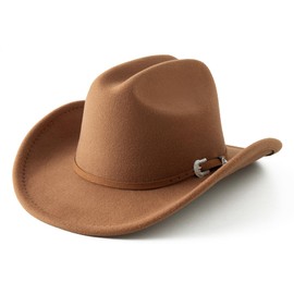 Jastore Kids Western Cowboy Hat for Girl Boy Wide Brim Beach Cowgirl Hat with Belt Buckle Cattleman Cowboys Hats (US, Age, 5 Years, 10 Years, Khaki)